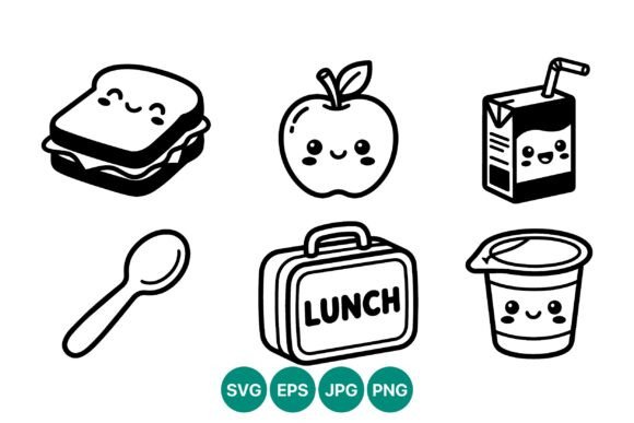 Cute School Lunch Black White Vector Graphics