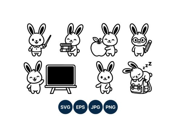 Cute Teacher Bunny Bundle Black White Graphics