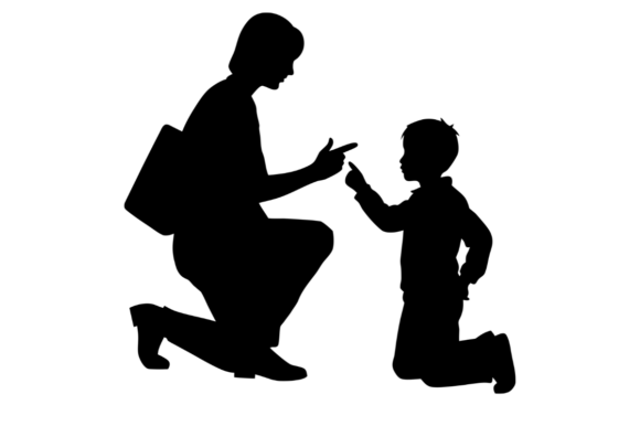 Mother or Teacher Kneeling and Pointing