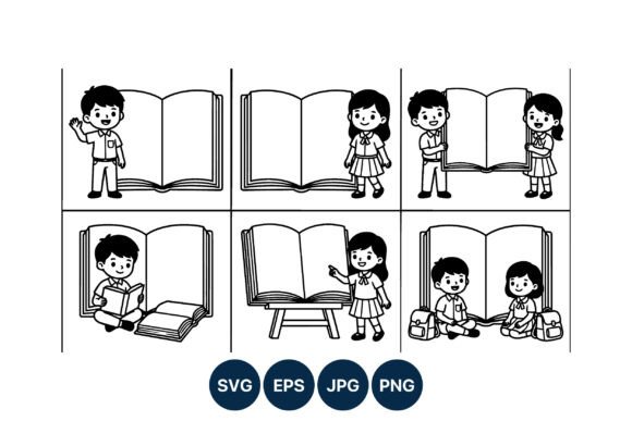 School Children Reading Black White Graphics