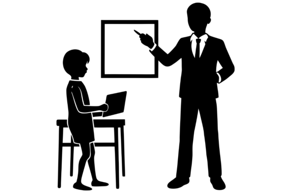 Teacher Pointing at Blank Whiteboard Graphics