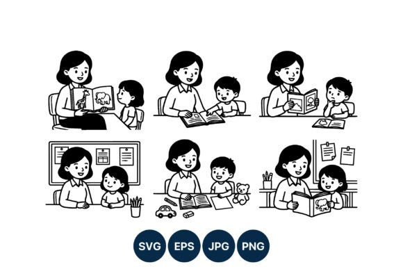 Teacher Reading Books to Children Vector Graphics