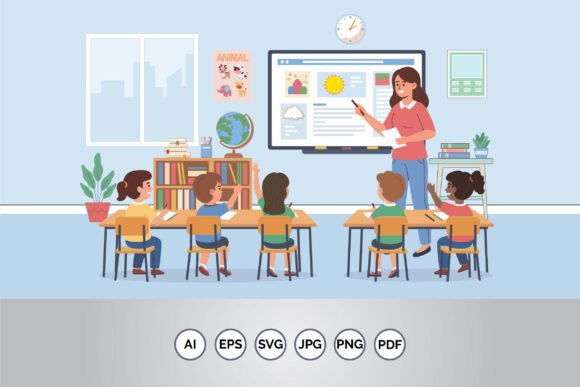 Teacher Teaching Children in Classroom Graphics