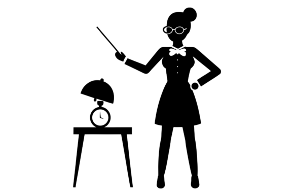 Teacher with Pointer Clock Silhouette Graphics