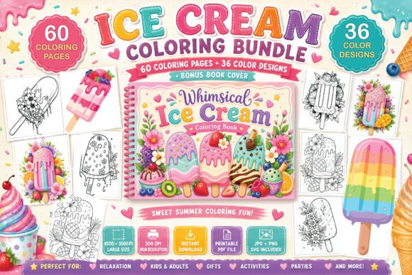 Whimsical Ice Cream Coloring Book Bundle Graphics